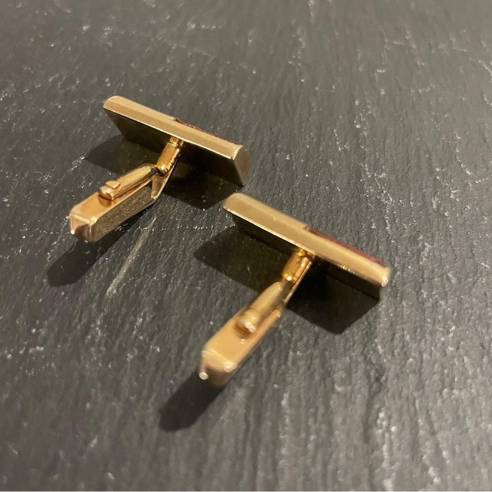 Vintage SWANK Gold Tone Cufflinks Brown Leather Inset - Picture 4 of 7